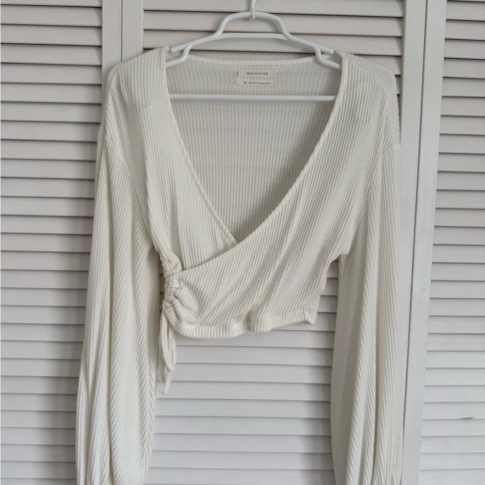 Urban Outfitters Ivory Ribbed Wrap Crop Top